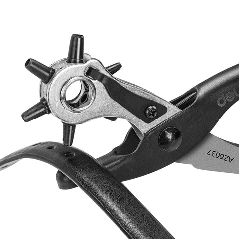 Heavy Duty 9 Inch Leather Hole Punch Tool Rotary Belt Hole Puncher With Ergonomic Non Slip Handle demonstrated on leather belt