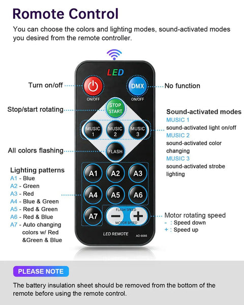 Remote control for 4 Pack Disco Ball Lights With Remote Sound Activated DJ Strobe LEDs USB Powered Lit Party Gear.