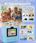 Kids Instant Print Camera With Carrying Case And 32GB SD Card, Selfie Ready Digital Toy For Ages 3 To 12, Five Color Printing Red Blue Green Orange Black And White, Includes 6 Rolls Paper And Portable Gift For Christmas Or Birthday, blue camera