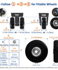 Image showing measurements and installation guide for Eight Pack Luggage Wheel Replacement Set 50X14Mm Swivel Casters With Axles And Repair Kit