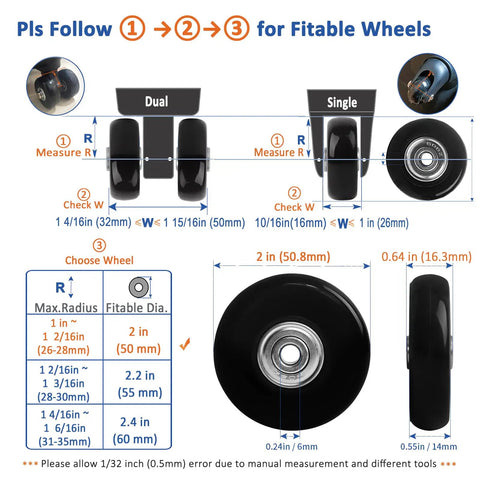 Image showing measurements and installation guide for Eight Pack Luggage Wheel Replacement Set 50X14Mm Swivel Casters With Axles And Repair Kit