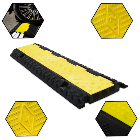 Two Pack 3 Channel Cable Ramp Protector For Wires And Hoses, heavy duty PVC rubber, yellow and black design, 39.4 inch long