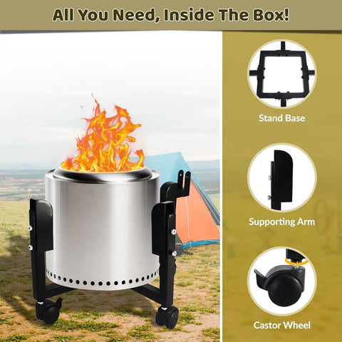 Fire Pit Trolley Stand For Solo Stove Bonfire And 19.5 Inch Fire Pits Heavy Duty Portable Base with support arm and wheels.