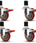 Heavy Duty Four Inch Caster Wheels With Quick Click Total Locking Brakes Fitting One Point Five Inch Id Leg Pipe For Smooth Rolling Nsf Certified Kitchen Prep Table Boost, set of four.