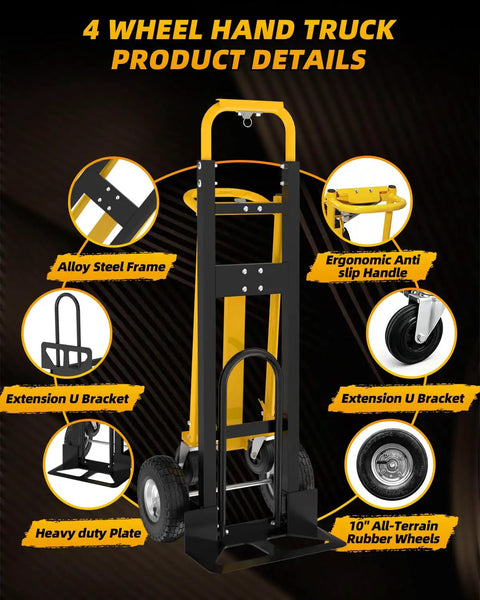 4 In 1 Convertible Hand Truck With 1000 Lb Capacity Dolly Cart And Wheels, Built Tough Heavy Duty Steel Frame For Moving Furniture And Boxes, Easy Load Transfer, Portable Mobility, And Versatile All Purpose Use, alloy steel frame with 10-inch all-terrain rubber wheels