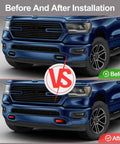 Before and after installation of Dodge Ram 1500 Tow Hook Covers Red 2 Pack Easy Install Custom Fit Not Fit 1500 Classic Warlock 2500 3500 Tow Hitch Covers For Dodge Ram 1500 Accessories 2019-2026.