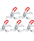 Killer Grade Zinc Plated Toggle Clamp Featuring Quick Release Lever Keeps BBQ Smoker Lids Snapped Shut And Holds DIY Jigs Steady On Any Welding Workbench Project, set of four clamps with red handles.