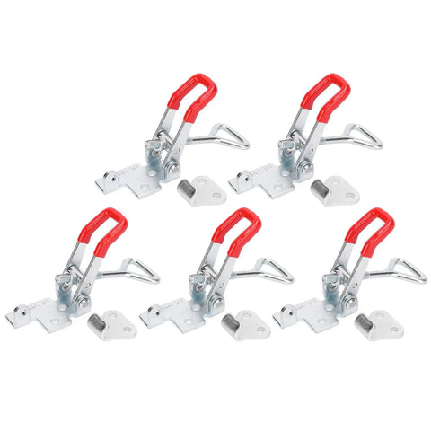 Killer Grade Zinc Plated Toggle Clamp Featuring Quick Release Lever Keeps BBQ Smoker Lids Snapped Shut And Holds DIY Jigs Steady On Any Welding Workbench Project, set of four clamps with red handles.