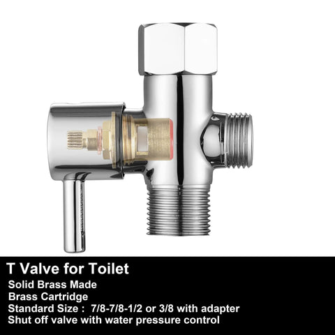 Chrome Brass T Valve Bidet Connector with Shut Off Valve for Toilet, 7/8 Inch by 1/2 or 3/8 Inch, brass made and durable
