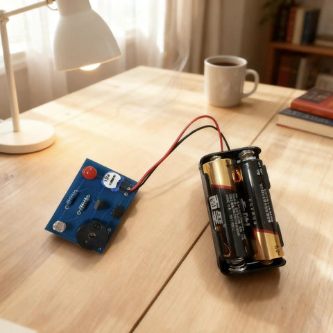 Hands On Soldering Practice Kit For Electronics Newbies Do It Yourself Learning Board with battery pack on wooden desk