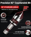 Precision 82° Countersink Bit with 3/4'' size and 1/4'' hex shank, part of Heavy Duty 5 Piece Countersink Drill Bit Set Featuring 82 Degree HSS Steel And Quick Change Hex Shank For Wood Metal Plastic Badass Rust Resistant Design That Chews Through Projects Without Breaking A Sweat.