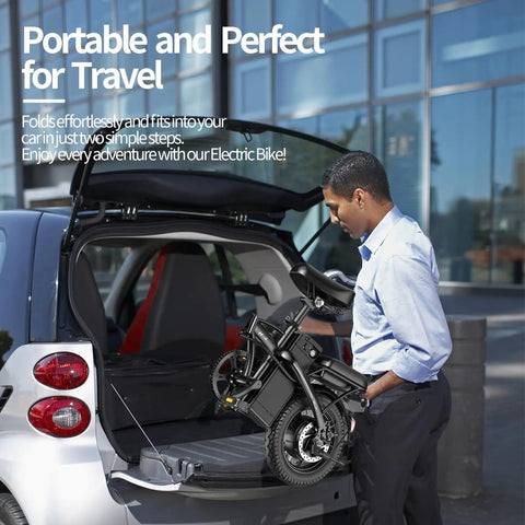 Man loading folding electric bike into car trunk, Folding Electric Bike For Adults And Teens, 750W Peak Motor, 14 Inch Foldable Ebike