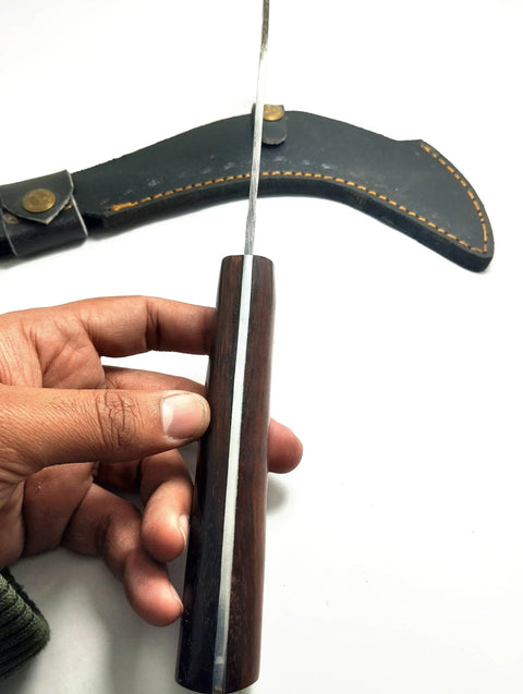 Hand Crafted Damascus Steel Sickle Knife With Full Tang And Stabilized Rosewood Handle, close-up of handle and tang