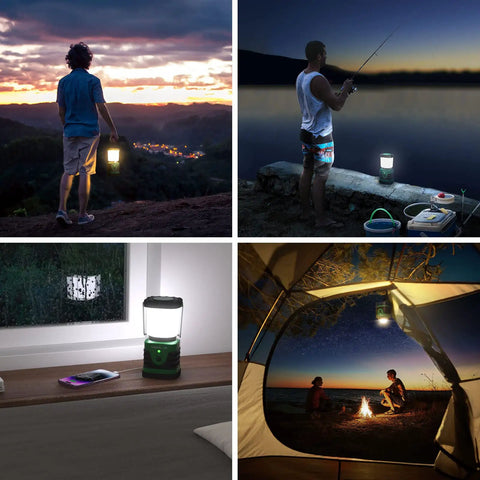 Collage of Bright 1000 Lumen Rechargeable Go To Camping Lantern with 4400mAh Power Bank in outdoor scenes and tent