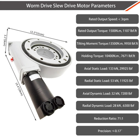 Heavy Duty Slewing Drive With Precision Worm Gear Reducer And Rock Solid Self Locking Turntable Bearings For Seamless Full Circle Rotation and Tight Industrial Performance with technical specifications.