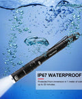 Rechargeable LED Pen Light Flashlight With 300 Lumens, IP67 Waterproof, showing water immersion test.