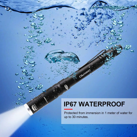 Rechargeable LED Pen Light Flashlight With 300 Lumens, IP67 Waterproof, showing water immersion test.