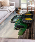 3x5 Machine Washable Farmhouse Rug For Living Room And Bedroom With Green Tractor Farm Decor in a room with a Corgi