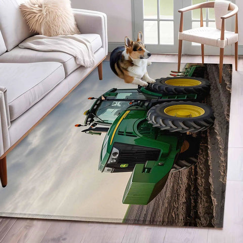 3x5 Machine Washable Farmhouse Rug For Living Room And Bedroom With Green Tractor Farm Decor in a room with a Corgi