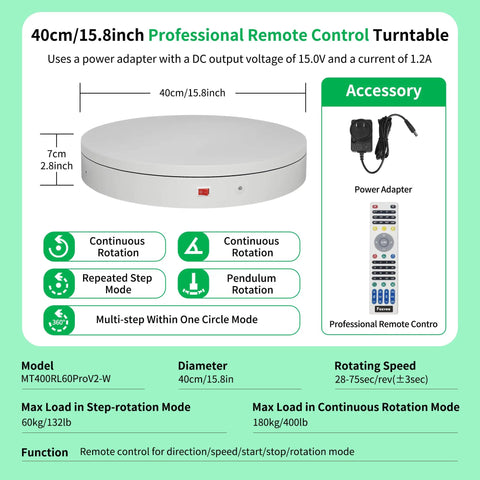 Heavy Duty Electric Rotating Turntable With Motorized Remote Control For 3D Scanning And 360 Video Shows Speed Adjustable Photography Display Stand Platform Supports Up To 400 Lb Load Capacity In White Finish, 40cm diameter.