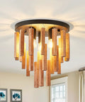 Three Light Boho Rattan Look Wood Ceiling Light Fixture In Oak And Black Finish Semi Flush Mount Farmhouse Chandelier With E26 Base