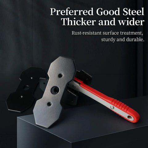 Side view of MAYESAR brake caliper piston compressor tool with red handle and two large steel plates and hooks