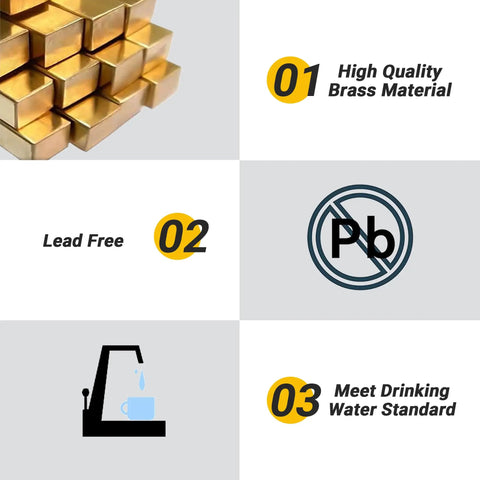 Infographic highlighting features of 10 Pack Brass Chrome Angle Stop Valves, including high quality brass, lead-free, and meets drinking standards.