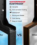 Comparison image showing Rock Solid 4 Pack Fence Post Repair Kit With Rustproof Ground Spike Anchors vs rusty post, highlighting waterproof features.
