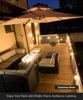 48 Ft Outdoor String Lights With 15 Vintage Filament Bulbs Dimmable Warm White Patio Lights illuminating a cozy deck with seating.