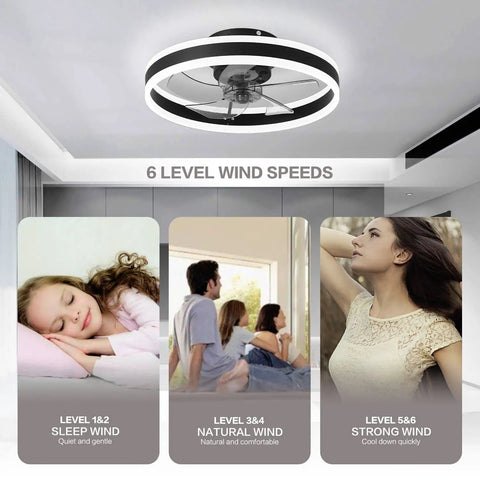 20 Inch Bladeless Ceiling Fan With Lights Remote Control Low Profile Flush Mount Led Light Kit showcases 6 wind speeds
