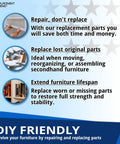 Heavy Duty Wooden Dowel Pins Six By Fifty Millimeter Straight Shot Replacement For Flat Pack Furniture And Wobbly Shelves Solid Core joint reinforcement poster explaining DIY furniture repair tips.