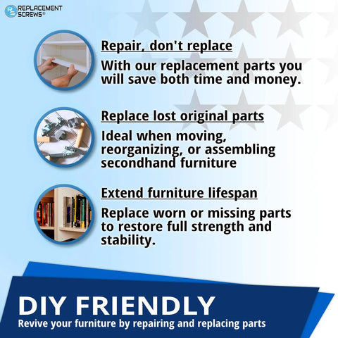 Heavy Duty Wooden Dowel Pins Six By Fifty Millimeter Straight Shot Replacement For Flat Pack Furniture And Wobbly Shelves Solid Core joint reinforcement poster explaining DIY furniture repair tips.