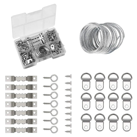 Pro Level Picture Hanging Wire Kit With D Rings And Wall Mount Screws For Frames And Canvases, includes hooks and steel wire.