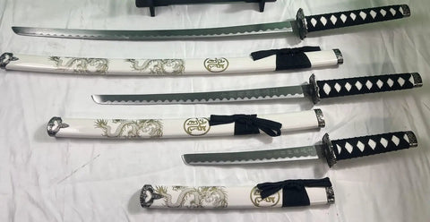 Traditional Handmade Samurai 3 Piece Katana Wakizashi Tanto Sword Set With Display Stand Stainless Steel Blades Gold Dragon Scabbard Dragon White Collectors Item