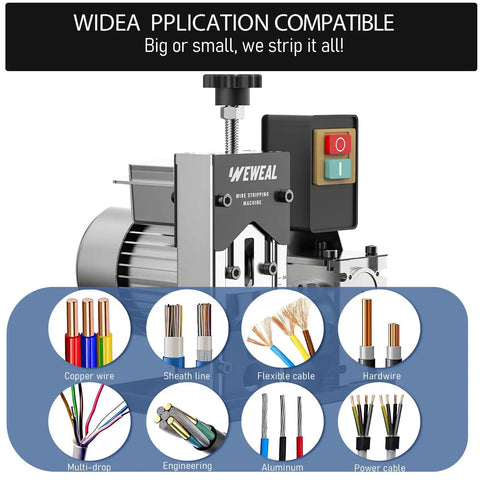 Automatic Wire Stripping Tool For Copper Wires 0.06 To 1.18 Inch Capacity With Aluminum Frame And 65Mn Blade shown with wire types.