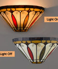 Real Tiffany Glass Sconce With A 12 Inch Wide Stained Glass Shade Antique Vintage Mission Style Wall Light shown on and off