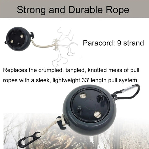 Retractable Bow Hoist For Tree Stand, 33Ft Heavy Duty Bow Pull Up Rope shown with strong durable paracord and carabiner