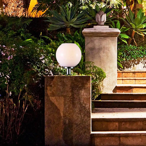 200mm Led Solar Post Light Outdoor Round Ball Landscape Path Light For Exterior House Garden Yard Patio Fence Deck White Aluminum IP65 Weatherproof With Random Base No Hassle Easy Install Energy Saving Auto On Off And Durable Weather Guard