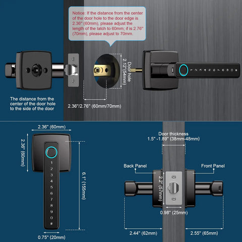 Diagram of Fingerprint Door Lock with Keyless Entry, Bluetooth Smart Lock showing measurements and installation guide.