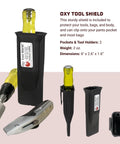 Clip-On 4 In 1 Tool Tape Holder With 4x Capacity showcasing Oxy Tool Shield and steel clip for 2 inch belts, with screwdriver inserted.