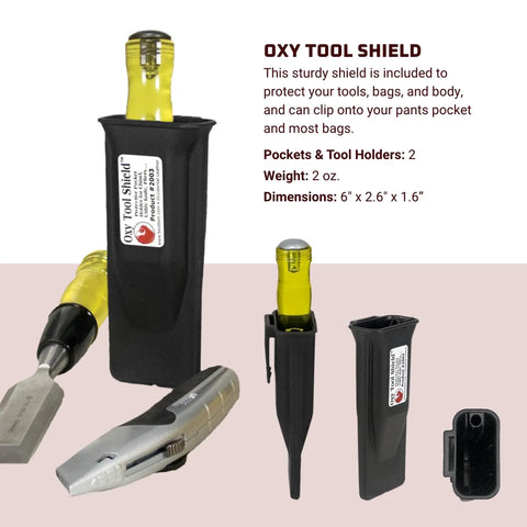 Handy Compact Tool Bag For Finish Carpentry Light Framing And Trim Work Built With Foam Core Construction to keep its shape loaded or empty features tons of pockets holders and clip on tab for tape nails made in USA with Oxy Tool Shield included