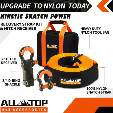 Heavy Duty Nylon Recovery Kit For Off Road With Three Inch By Thirty Foot Snatch Strap And Hitch Receiver 35000 Lbs Break Strength Includes Two Inch Shackle Receiver Three Quarter Inch Heavy Duty Shackles With Isolator And Durable Storage Bag