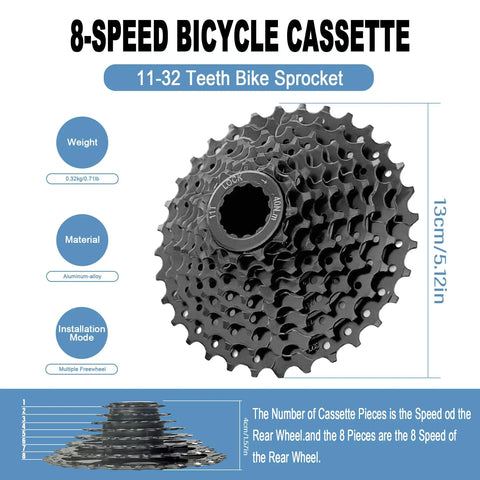 8 Speed 11 32T Bike Cassette for Mountain and Folding Bikes with Freehub Smooth Shifting Low Noise Beefy Steel Sprocket