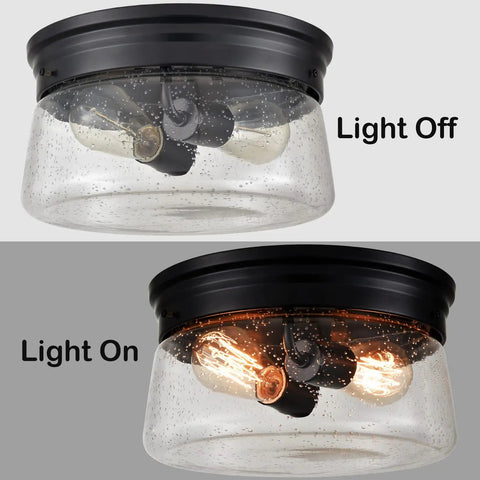 11 Inch Black Seeded Glass Flush Mount Ceiling Light With Drum Shade Dope Modern Farmhouse Style Two Light Fixture