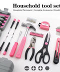 39 Piece All Purpose Pink Tool Kit For Women With Toolbox Small Tool Set Great For Home Garage Office And College Dorm Use Perfect Starter DIY Repair Kit With Hammer Pliers Screwdrivers Tape Measure And More displayed on white surface