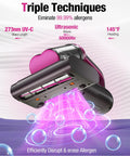 Beast Power Mattress Vacuum Cleaner with 17Kpa Suction 650W Motor UV-C Light showing triple techniques for allergen removal