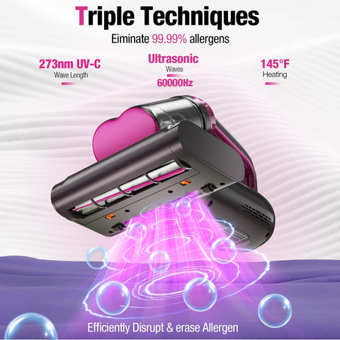 Beast Power Mattress Vacuum Cleaner with 17Kpa Suction 650W Motor UV-C Light showing triple techniques for allergen removal