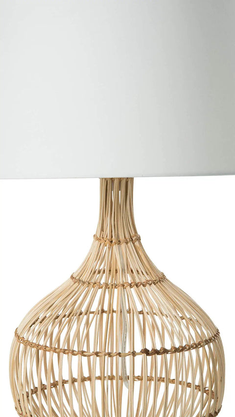 Cane Rib Rattan Table Lamp With Natural Finish And White Shade Handcrafted Plug In Lighting 15 Inch Shade Diameter And 23 Inch Tall