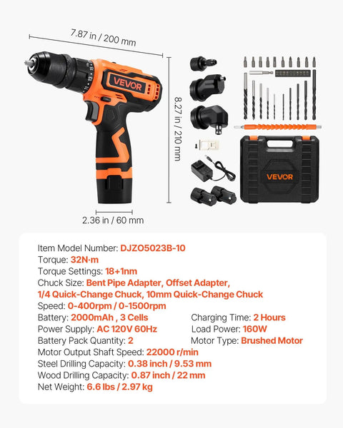 Cordless 5-In-1 Drill Driver Kit With Dual Speed, Quick-Change Chuck, Two Batteries, Charger, Tool Box, and Attachments