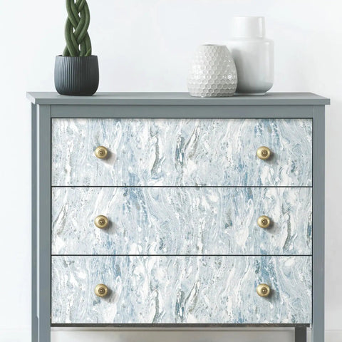 Dresser with Marble Seas Metallic Blue Peel And Stick Wallpaper Roll Removable And Repositionable No Mess Twenty Inches Wide By Sixteen Point Five Feet Long Renters Friendly Home Decor Upgrade Easy To Apply And Reapply covering
